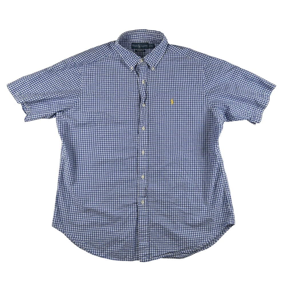 Ralph Lauren Shirt Mens XL Blue Check Short Sleeve Button Down Classic Fit Pony